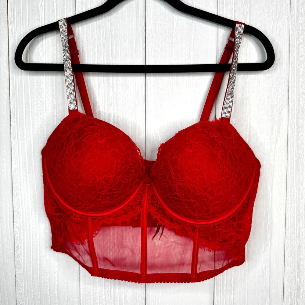 Victoria's Secret Very Sexy Push Up Red Silver Shine Strap Bra Top